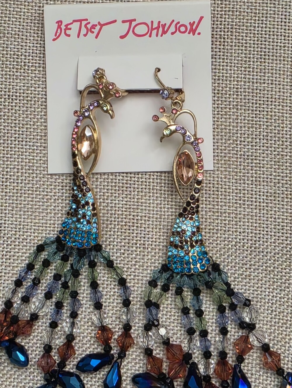 Betsey Johnson Gold Peacock Drop Earrings with Blue, Green & Amber Crystals New